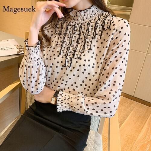 Spring Polka Dot Printed Chiffon Shirt Elegant Ruffled Splicing Blouse Women Casual Long Sleeve Stand-collar Blusas Tops 13098