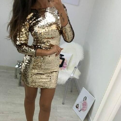 Women Sequin Pencil Dress Spring Autumn Long Sleeve Evening Party Club Sexy Mini Dress Vestido femenino