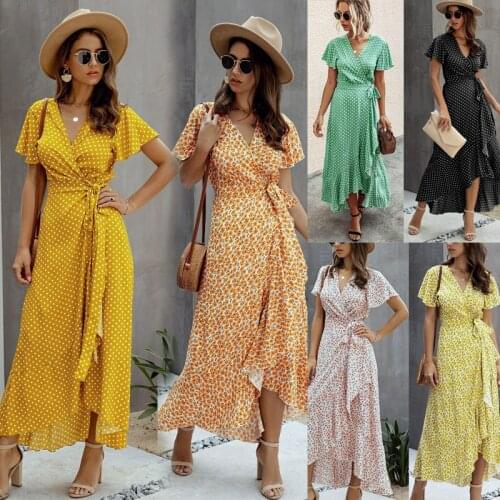 Irregular Floral Print Lace-Up Maxi Dress 2021 Summer New Fashion Polka Dot Sexy V-Neck Ruffle Short Sleeve Womens Dress Femme
