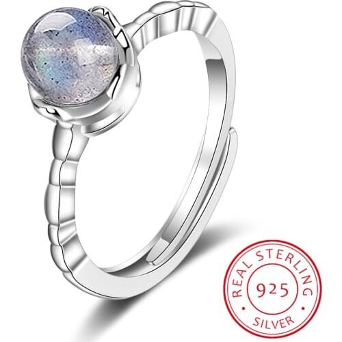 Real 925 Sterling Silver Minimalist Round Moonstone Adjustable Ring For Women Party Geometric Fine Jewelry 2019 Cute Gift