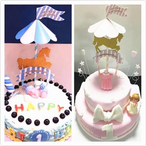 1pcs manual carousel theme card party cake hat wedding cake decoration happy birthday party supplies children party decoration