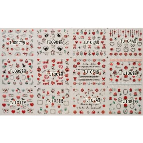 12 SHEETS / LOT GOLDEN & SILVERY INAID 3D METALLIC NAIL DECAL SELF ADHESIVE STICKER BIRD CAGE KEYS VALENTINE TJ97-108