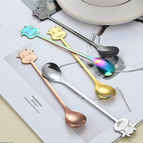2021 Stainless Steel Coffee Spoon Cattle Pattern Vacuum Plating Long Handle Tea Spoons Kitchen Hot Drinking Flatware