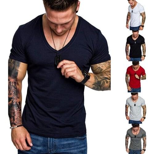 2021 New Solid Color Fashion Plus Size Mens Casual Sports Bottoming Shirt V-neck T-shirt Size M-3XL