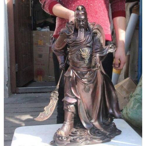 25.5" Chinese Copper Dragon Guan gong Guan Yu Warrior Hold Sword Statue