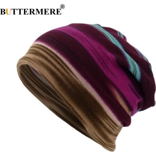 BUTTERMERE Autumn Winter Hats For Men Women Turban Hat Female Striped Knitted Cap Winter Beanie Scarf Mask Pile Heap Cap