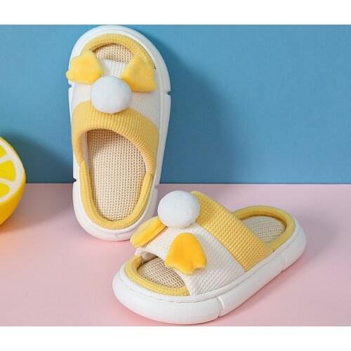 Breathable Open Toe Non-slip Thick Platform Slippers Boy Girl Home Indoor Soft Flax Slides Cartoon Duck Doll Kids Flip Flop Shoe