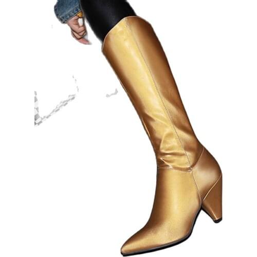 Arden Furtado spring Winter Fashion pointed toe Cone heels zipper Womens shoes Sexy black golden Knee high boots Long boots 41