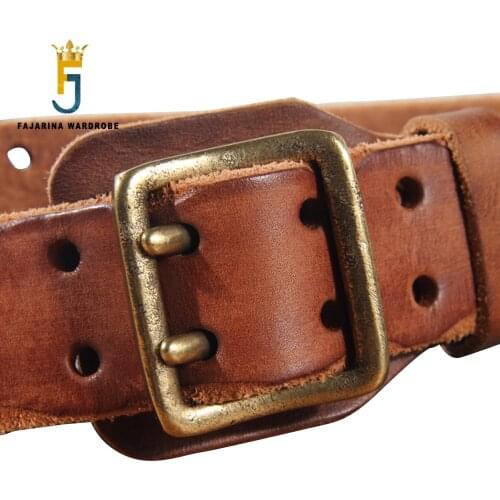 FAJARINA Top Quality 100% Cowhide Leather Retro Mens Solid Brass Double Pin Buckle Mens Belts for Men Casual Styles N17FJ1022
