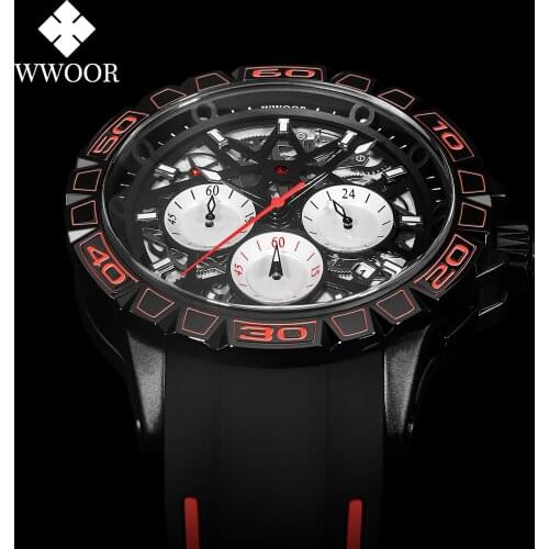 WWOOR 2021 New Sport Hollow Out Red Design Causal Men Watch Fashion Quartz Waterproof Chronograph Wristwatches Relogio Masculino