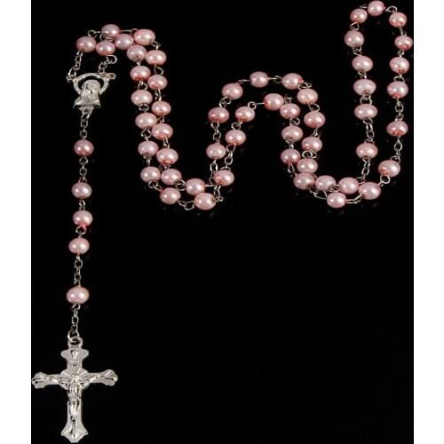 6mm Handmade Round Pearl Crystal Cross Rosary Necklace INRI Jesus Cross Pendant Necklace Fashion Religious Jewelry.48pcs