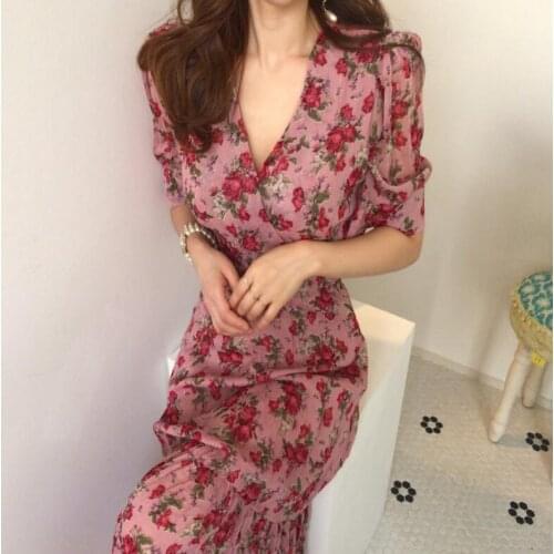 Spring Summer Elegant Women Dresses V-neck Short Sleeve Floral Dress Female Long Chiffon Dresses Office Lady Vestidos Pink