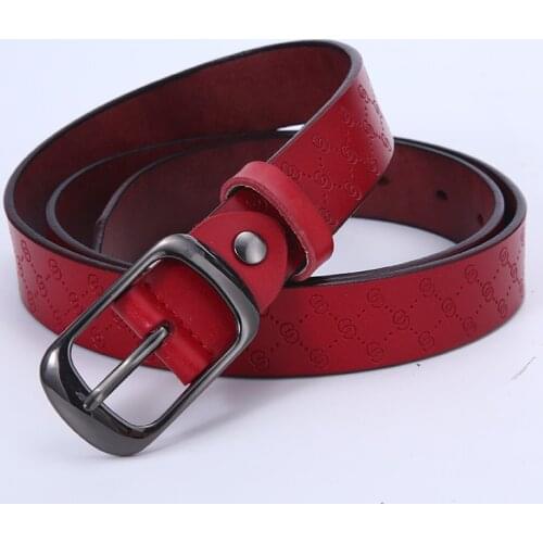 Aoluolan new brand womens leather belt, leather embossed G pattern alloy buckle adjustable belt, high quality design ladies cas
