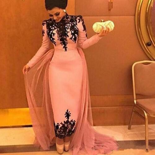 Pink Muslim Evening Dresses Sheath Long Sleeves Appliques Lace Formal Islamic Dubai Saudi Arabic Long Prom Evening Gown