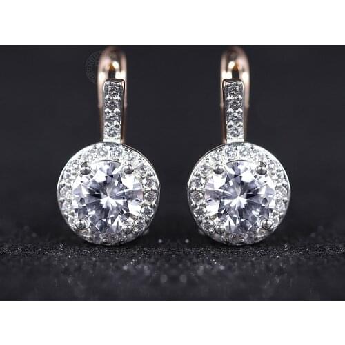 Earrings for Women Girls Round Paved Clear Cubic Zircon 585 Rose Gold Stud Earrings Party Jewelry LGE289A