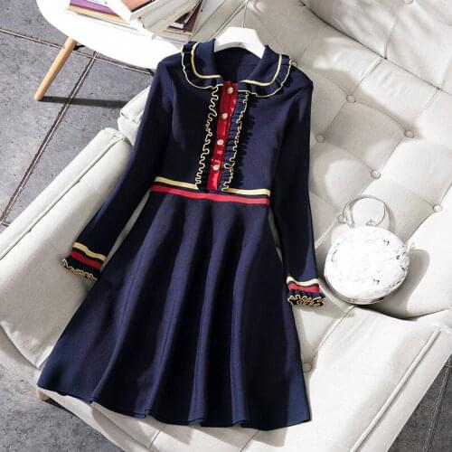 Spring fall women elegant ruched ruffles turn down collar long sleeve knitted dresses navy blue stripe a-line sweater dress Y576