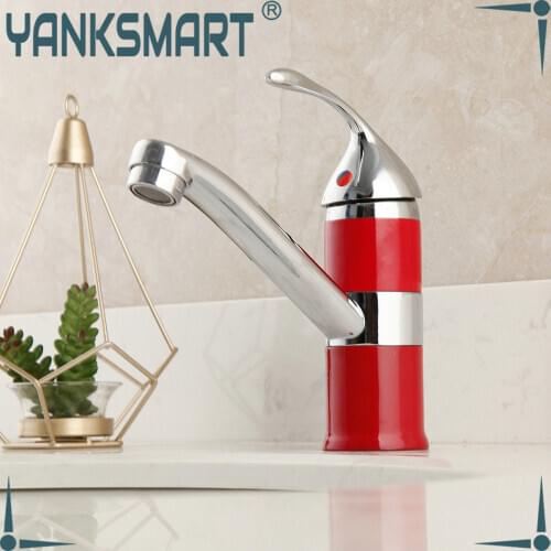 YANKSMART Bathroom Sink Faucet Red & Green Chrome Polished Single Handle Faucet Deck Mounted Hot & Cold Water Basin Taps