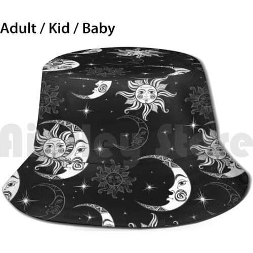 Moon And Stars Sun Hat Foldable UV Protection Moon Stars Celestial Cosmos Night Nighttime Sky Black And White Bw Moon And