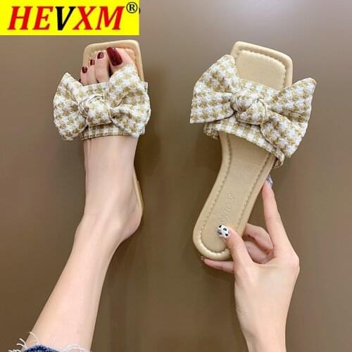 Bow Slippers Spring 2021 Womens Soft Soles Comfortable Non-slip Versatile Word Beach Shoes