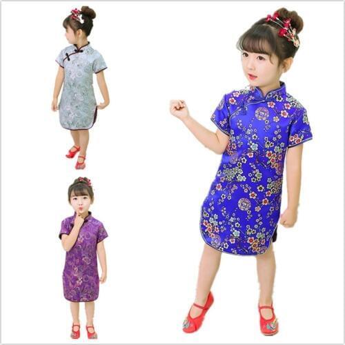 Spring Festival Baby Girl Qipao Dresses Children Chinese Traditional Clothes Floral Girls Cheongsam Party Chi-Pao Dress Silky