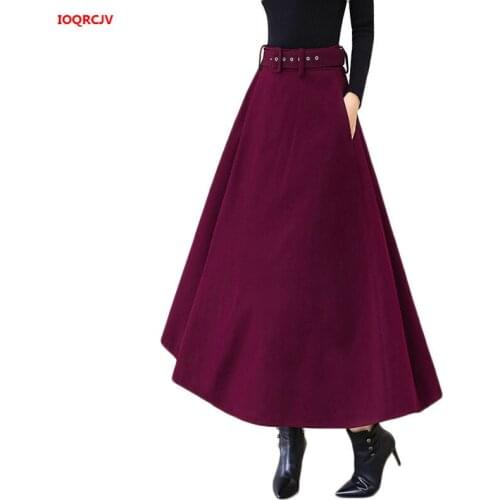 2020 New Fashion Long Maxi Thick A-line Skirts For Women High Waist Winter Belt Woolen Skirts Warm With Pocket Wool Skirt W1838