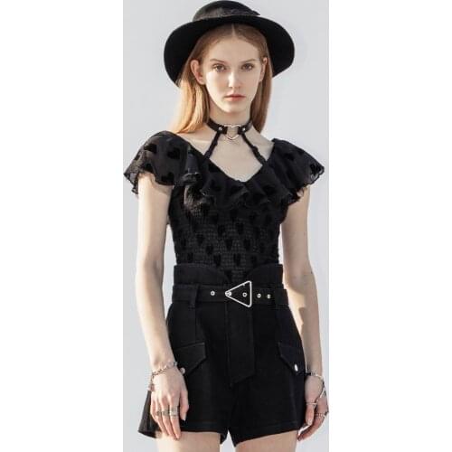 PUNKRAVE Womens New Punk V-neck Detachable Falbala Collar Short Sleeve T-Shirt Punk Collect Waist Flocking Chiffon Daily Shirt