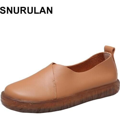 SNURULAN Womens Slip-On Shoes 2020 New Fall Casual Genuine Leather Flat Shoes Solid Color Shallow Round Toe Ladies Shoes