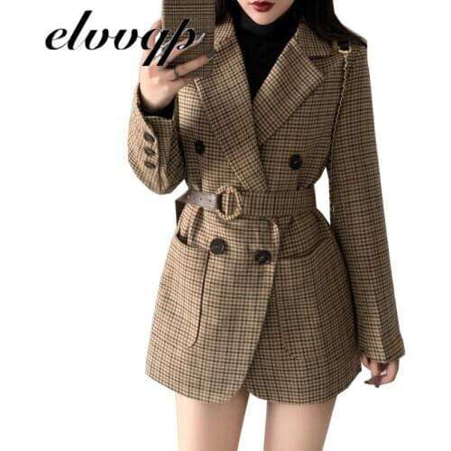 Office Work Ladies Notched Collar Plaid Women Blazer Double Breasted Autumn Jacket Casual Pockets Female Suits Coat With Belt