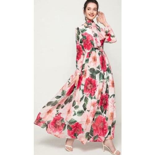 Dresses for women 2021Floral print Draw back Thin Long sleeve Long Flowy fairy floral dress Evening dress red dress women