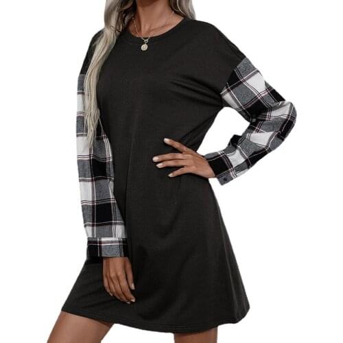 Woman Casual Loose Plaid Patchwork Mini Dress Spring Long Sleeve O-neck Dresses For Women 2021 Autumn Black Office Robe Femme