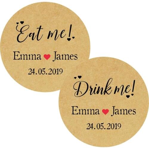 DouxArt 100pcs Personalized Wedding Stickers Eat Me / Drink Me, 40mm Heart Wedding Favors Party Communion Handmade Labels P005