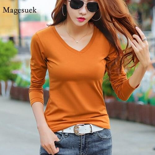 2021 Cotton Long Sleeve T-shirts Casual Slim V-neck Fashion Top Autumn New Korean Solid Womans Shirts Female Plus Shirts 10628
