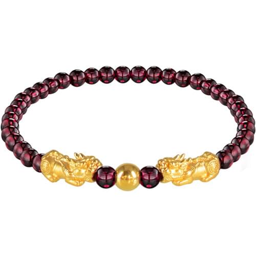 999 24K Yellow Gold Bracelet Real Gold Chain Luck Pixiu Charms and Sutra Red Garnet 5-6mm Girl Best Gift Jewellery