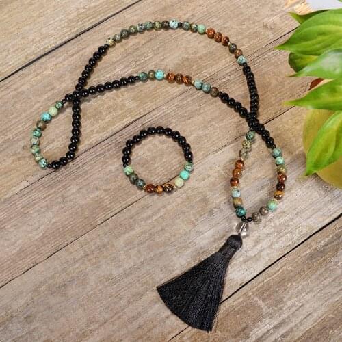 African Turquoise Tassel Necklace Natural Tiger Eye Round Beads Bracelet On Hand Yoga Meditation Jewelry Gift Dropshiping