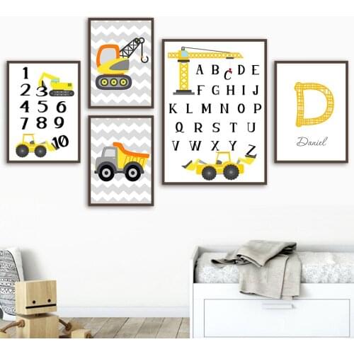 Alphabet Hook Excavator Truck Crane Canvas Painting Wall Art Nordic Posters and Prints Wall Pictures for Living Room Decoration