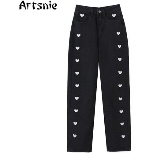 Artsnie Heart Embroidery Denim Pants Women Streetwear Black Casual Jeans Summer 2021 High Waist Ladies Long Straight Pants Femme