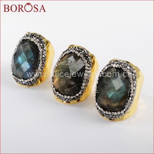 BOROSA Design 5PCS Free Shipping Rhinestone Gold Color Rings Pave CZ Freedom Natural Labradorite Jewelry Rings for Women JAB899
