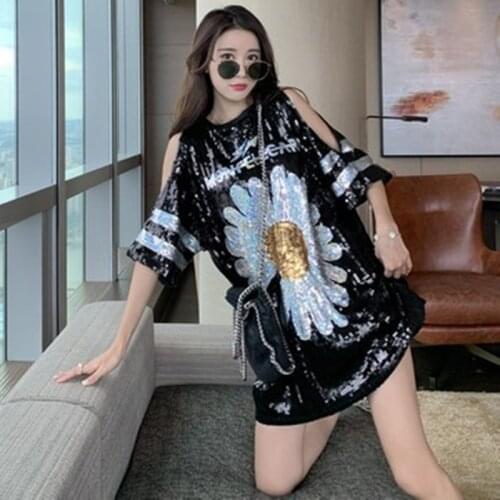 Sequined Strapless Plant Floral Pattern Letter Hip Hop Casual Straight Half Sleeve O-neck Black Summer T Shirt Dress 9645