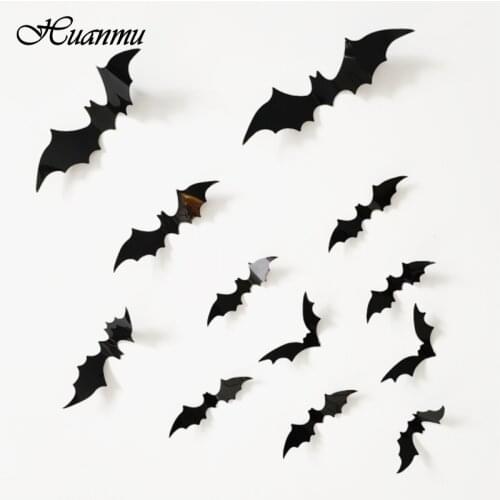 12Pcs Black 3D PVC Bat Wall Stickers Home Decor Party Kids Room Living Room Wall Decals DIY Halloween Decoration Sticker Red