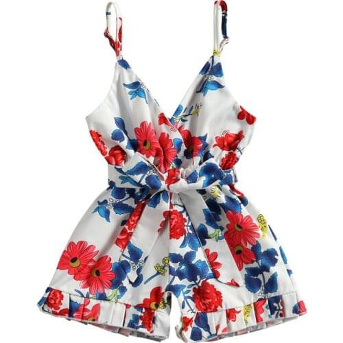 Baby Sleeveless Jumpsuit with Belt Decoration Flower Print Thin Shoulder Strap Summer Clothing