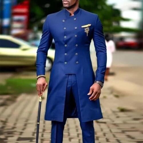 Dubai African Long Coat With Pants Formal Men Suits Blazers Custom Made Royal Blue Double Breasted Jacket Slim Fit Ternos Tuxedo
