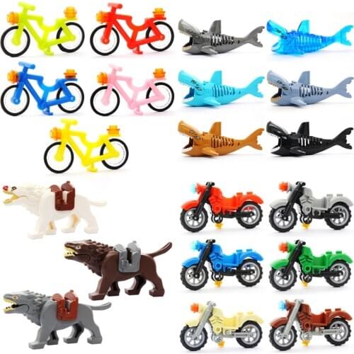 Animal Series Figures Shark Motorcycle Bicycle Black Pather Wolf DIY Bricks model Set Building Blocks Educational Toys for Kids