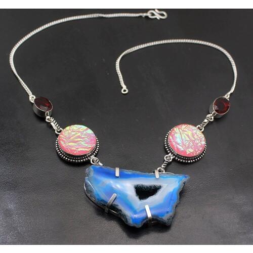 Hermosa Rare Stylish Natural Druzy Dichroic Glass Garnet Silver Color Chain Necklace 19 inch A357 Free Shipping