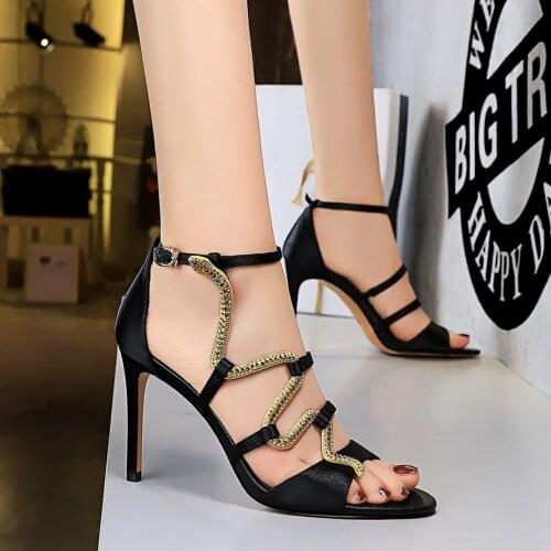 BIGTREE Summer Silk Womens Shoes Fashion Snakelike Crystal Shallow Band Peep Toe High Heels Wedding Sandals Zapatos De Mujer