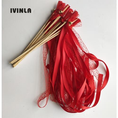 Hot 50pcs/lot red Lace Wedding Ribbon Wands and big Bells for wedding decoration