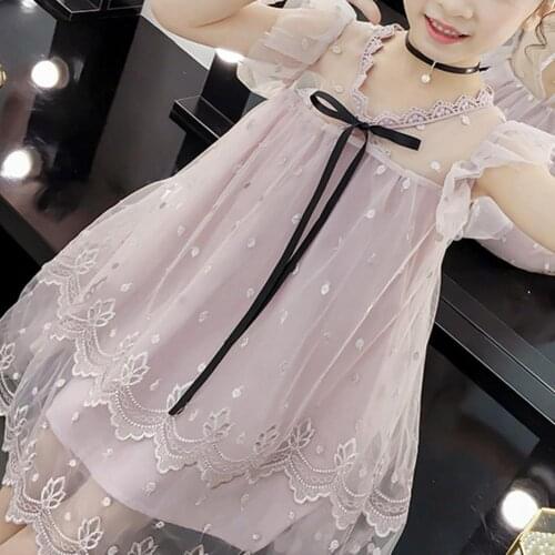 Cute Bow Girl Mesh Dress Flying Sleeve Lace Fluffy Design Comfortable Skin Friendly Dress For Girls Princess Evening Dresses
