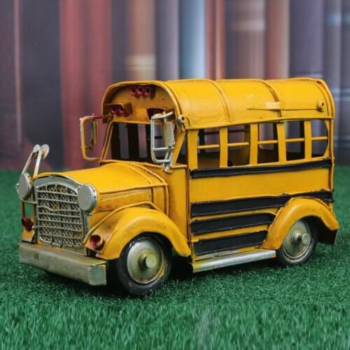 Mini Vintage American School Bus Model Ornaments Iron Crafts Classic Car Figurines Vehicle Miniature Kid Toys Gifts