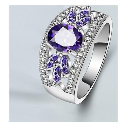 Fashion Female Rings 925 Sterling Silver Flower Shaped Amethyst Wedding Ring for Women Girls Nice Gift for Birthday