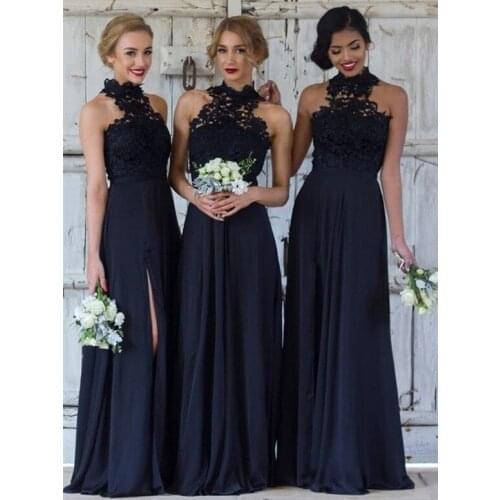 Navy Blue Cheap Bridesmaid Dresses Under 50 A-Line Halter Chiffon Slit Lace Long Wedding Party Dresses For Women