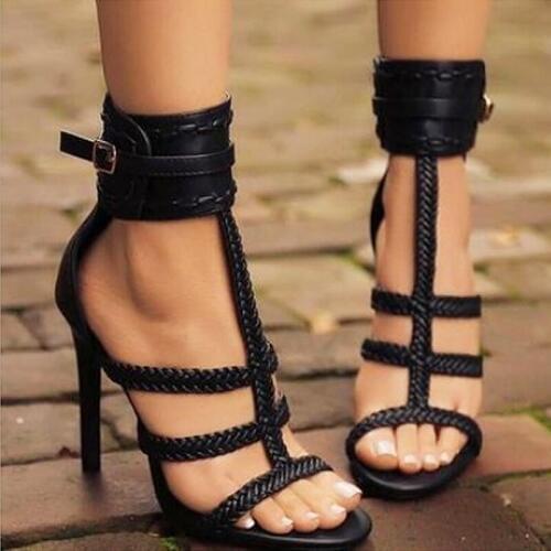 Summer New Sexy Ladies sandals Women Black PU Leather T-strap Braided Belt Buckle Stiletto High Heeled Sandals Shoes Lady